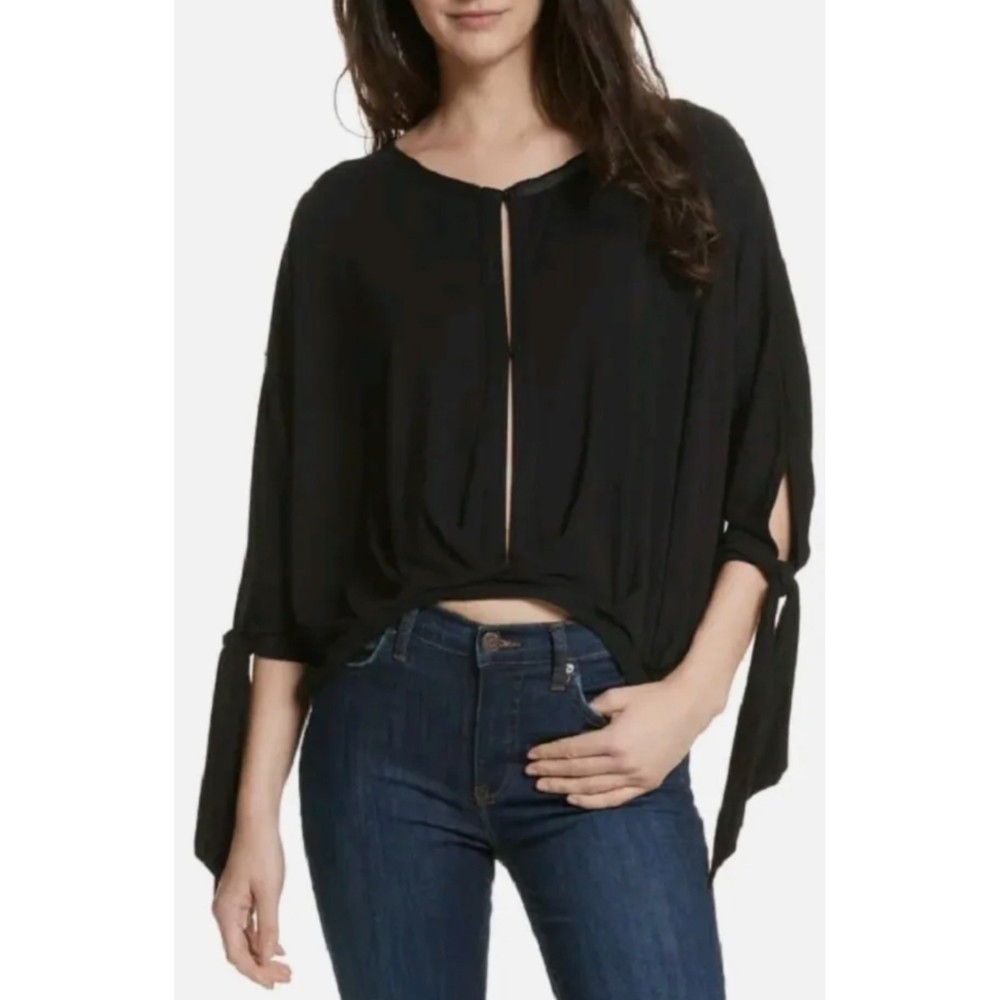 FREE PEOPLE Keepin' On Tie Sleeve Black Blouse